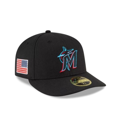 Black Miami Marlins Hat - New Era MLB Crystals from Swarovski Flag Low Profile 59FIFTY Fitted Caps USA9372106